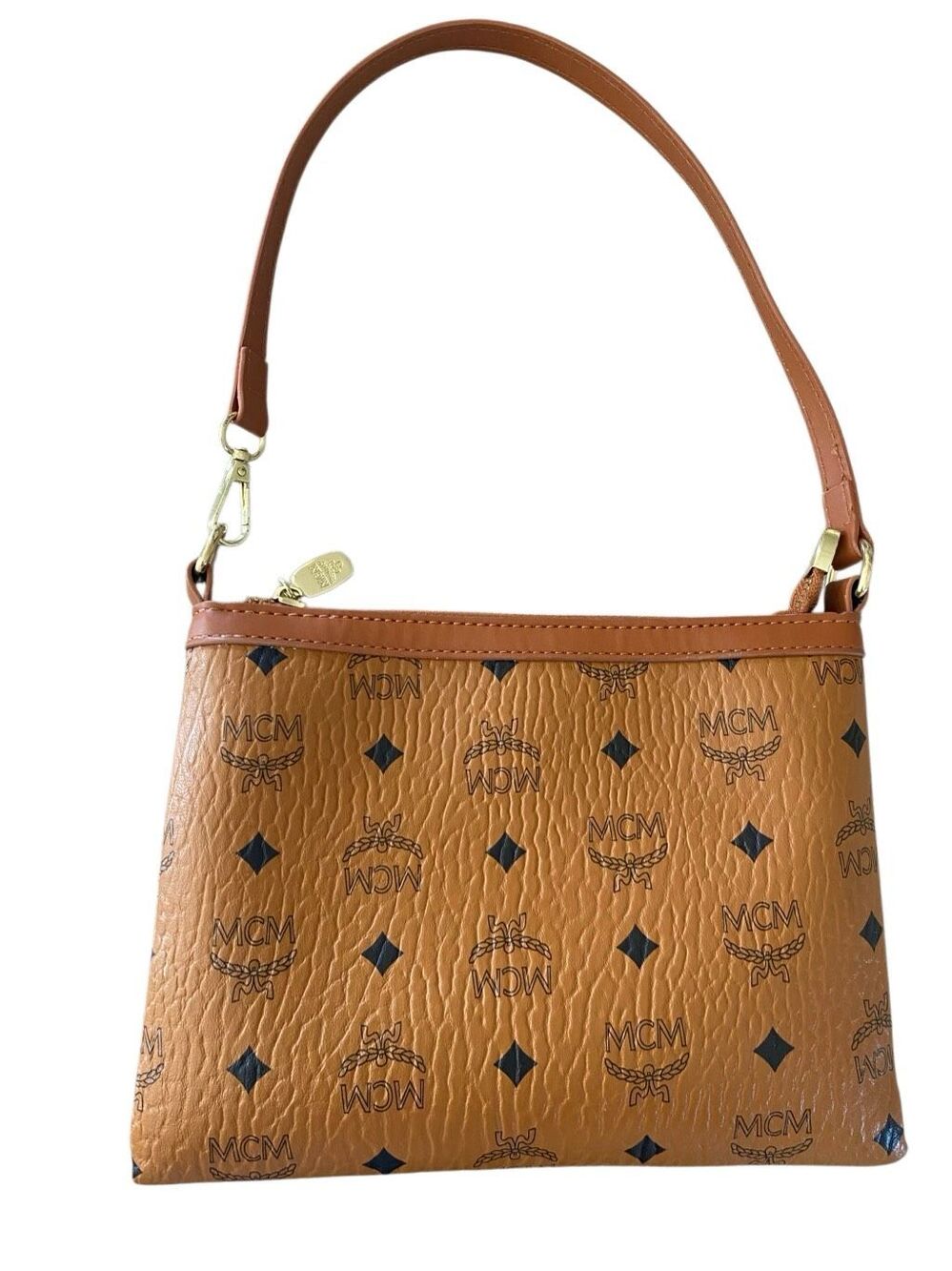 MCM Visetos Cognac Brown Monogram Mini Shoulder Bag Gold Luxury Travel Designer